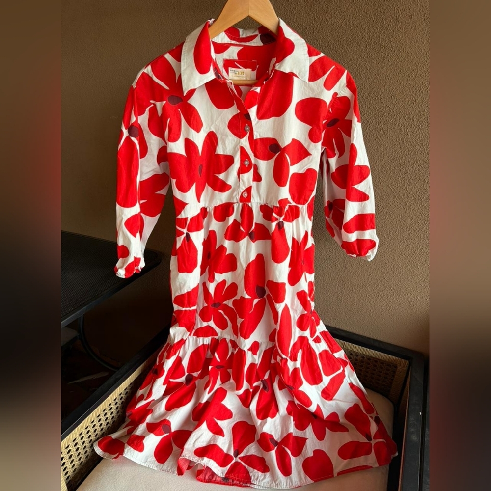 Maeve Anthropologie Bettina Midi Dress Tiered Buttondown Red Flowers SP - Picture 7 of 14